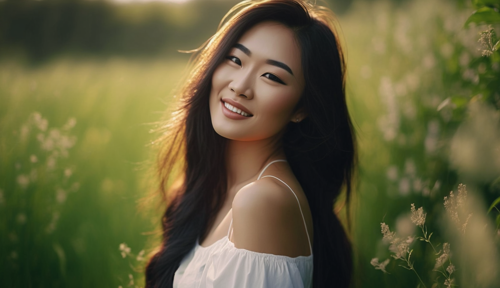 草原で優しく微笑む女性