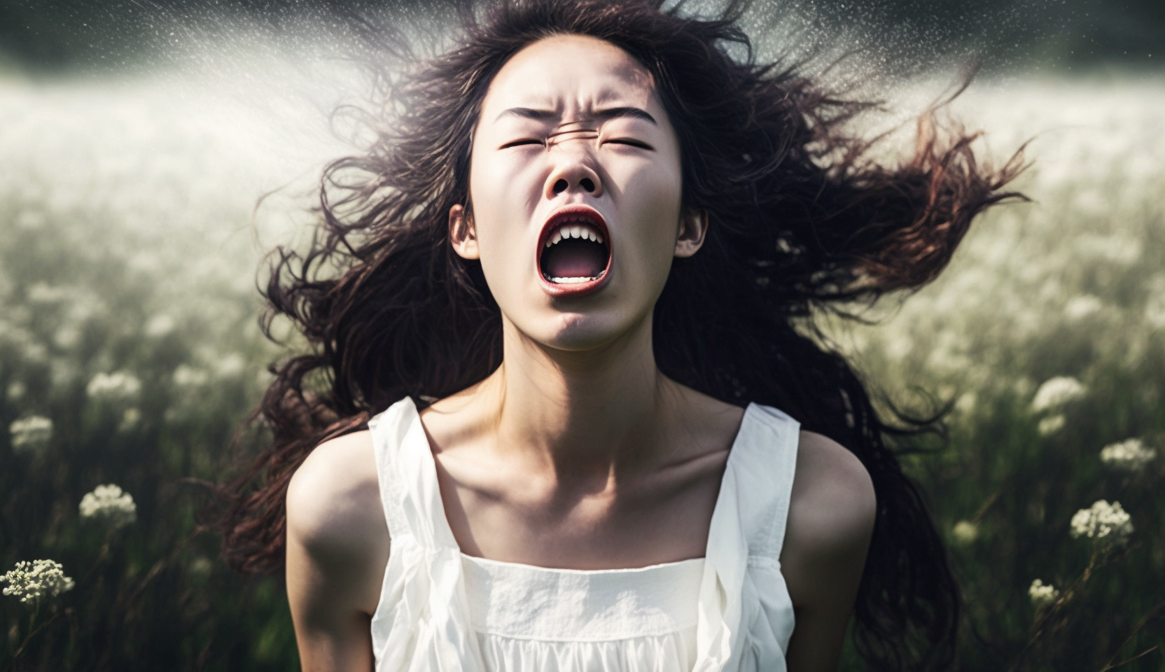 草原で激しいしかめ面をしている女性