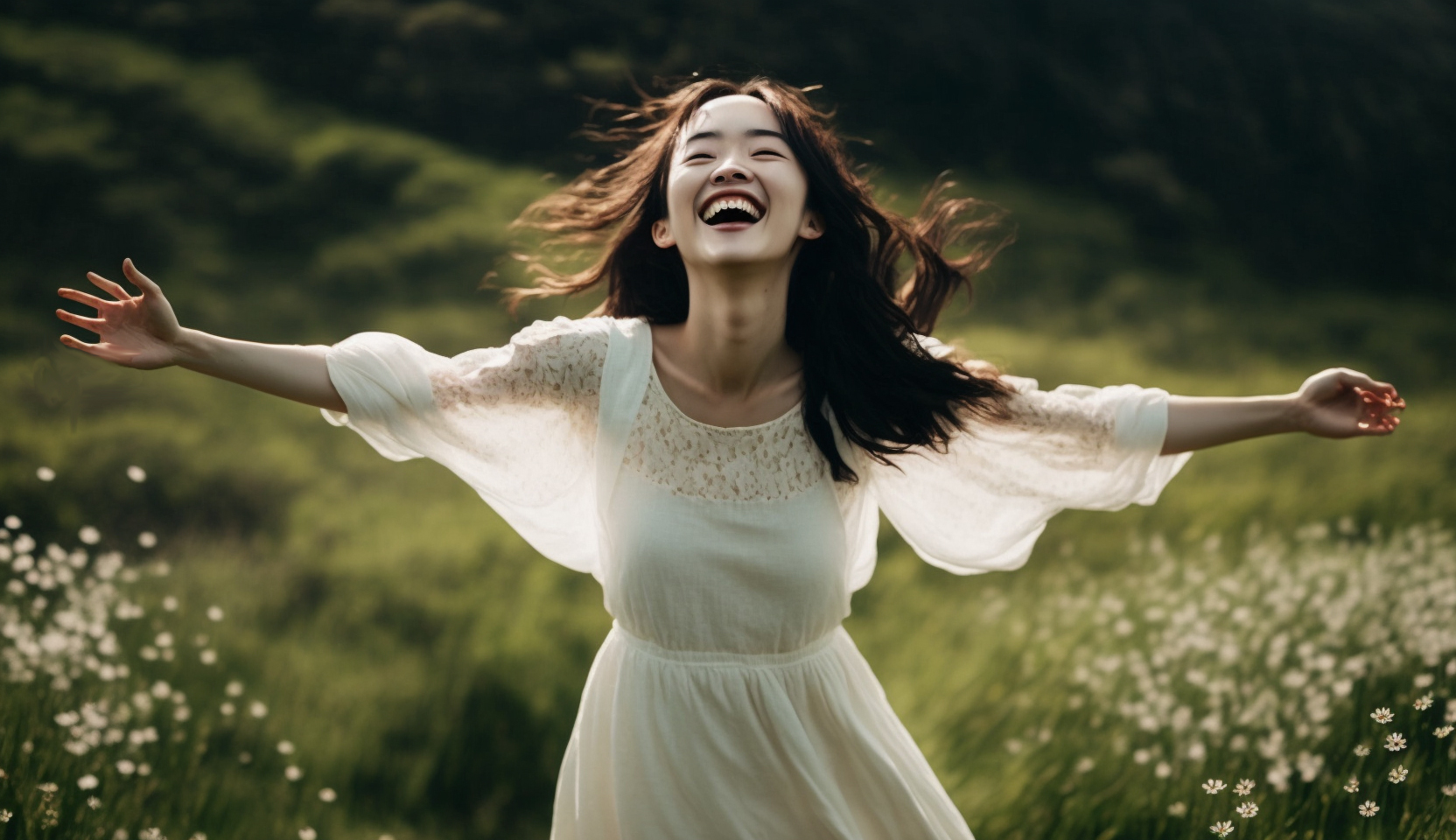 草原で笑顔で空を見上げ両手を広げる女性