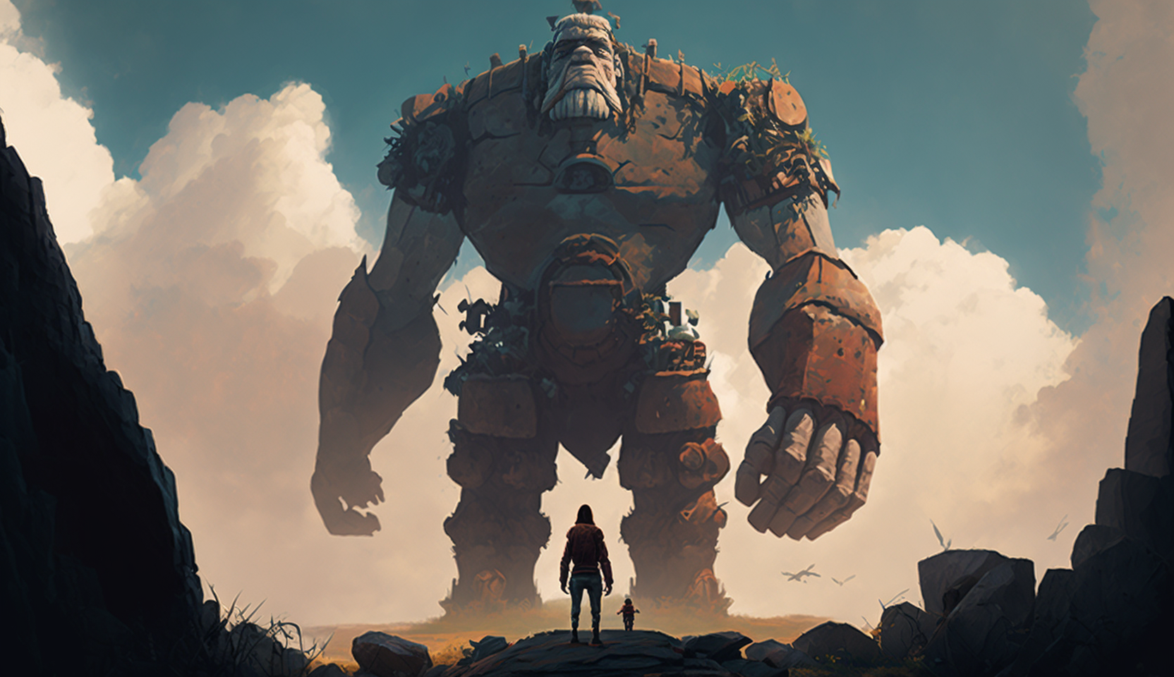 巨人とその肩に乗ろうとする人のイラスト