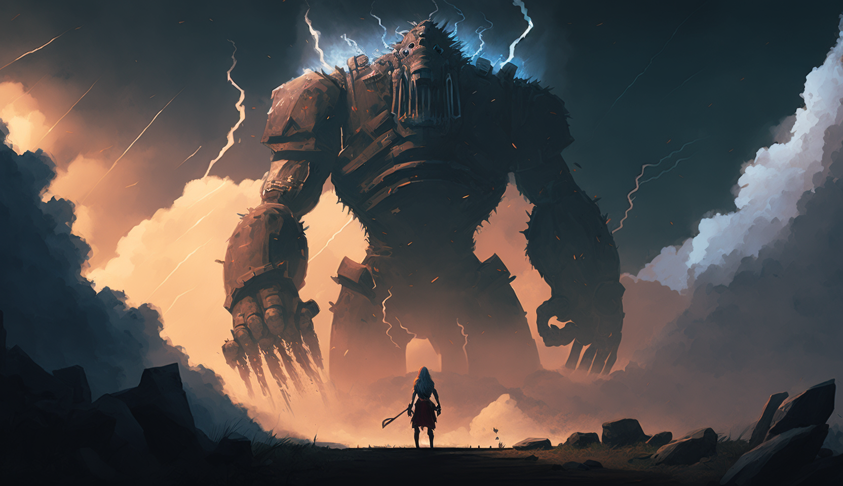 巨人の肩から稲妻が出て、その前で立ち尽くす人のイラスト