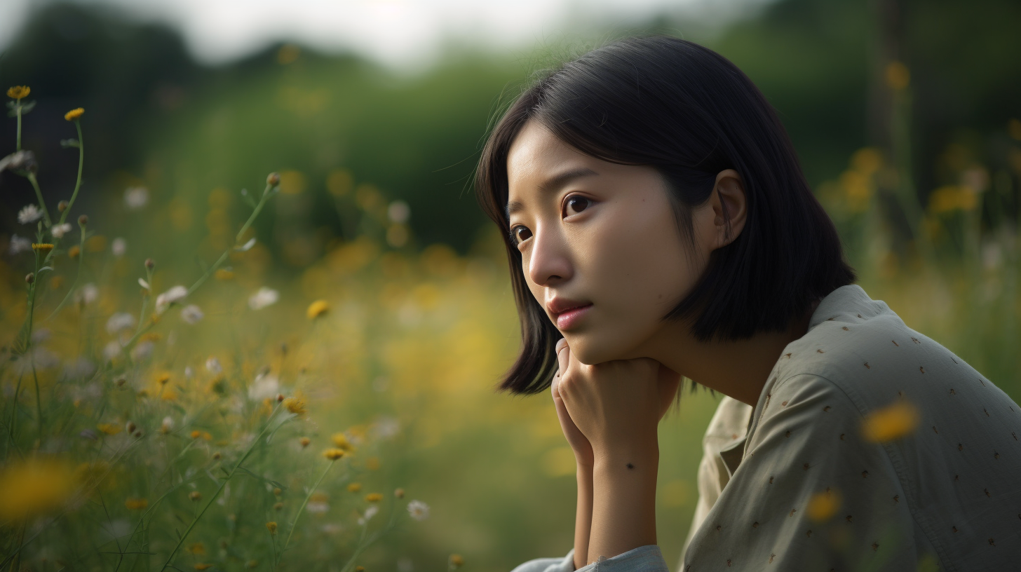 草原で嘆きの表情を浮かべている若い女性の写真