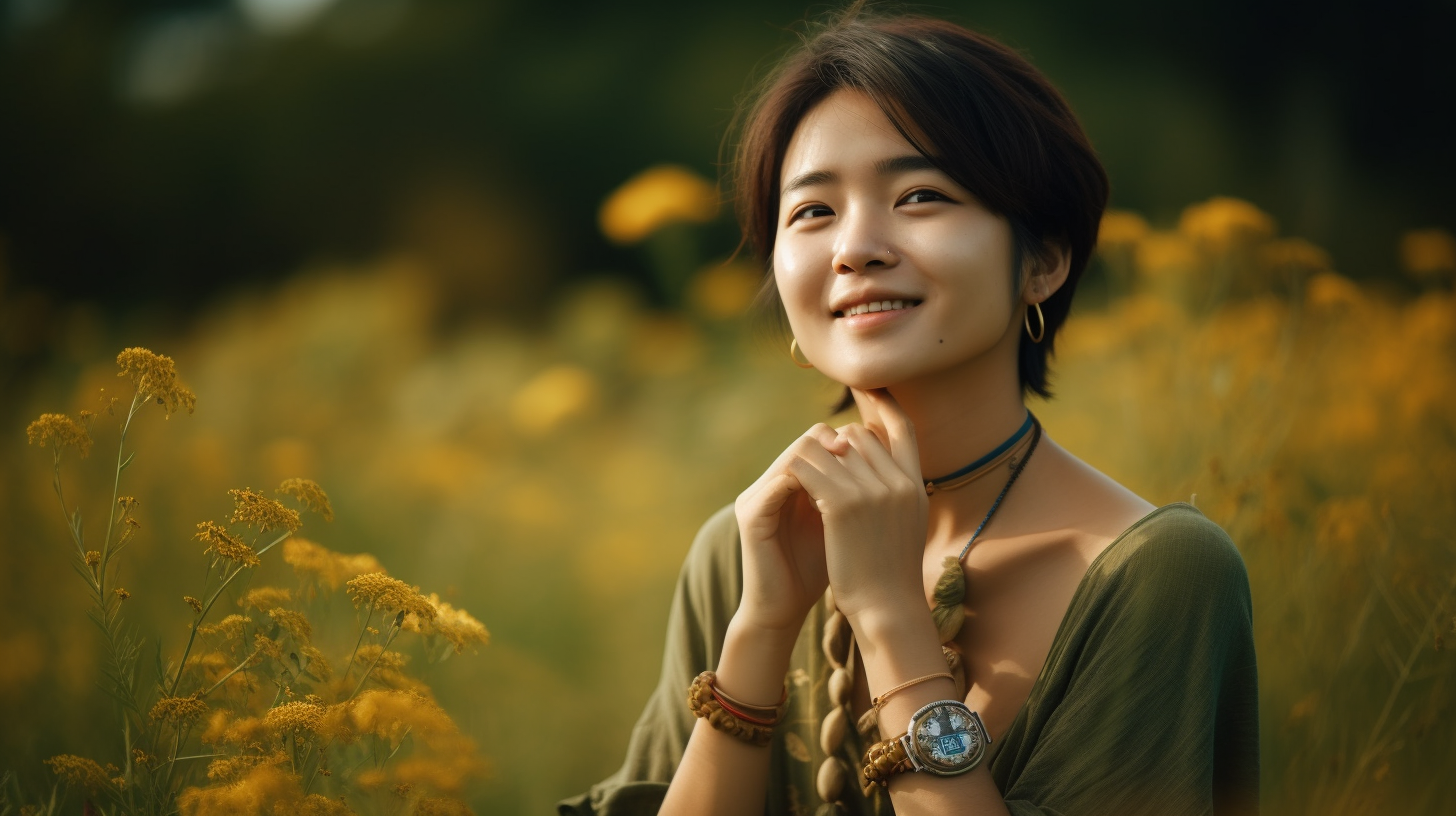 草原で胸に手を当てほほ笑む女性の画像