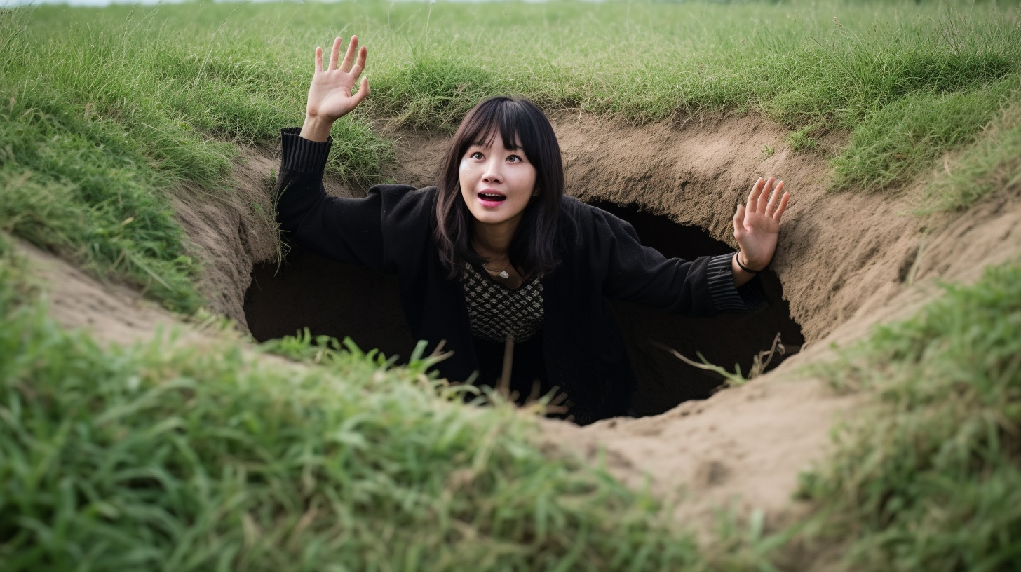 草原で落とし穴にはまる女性の画像