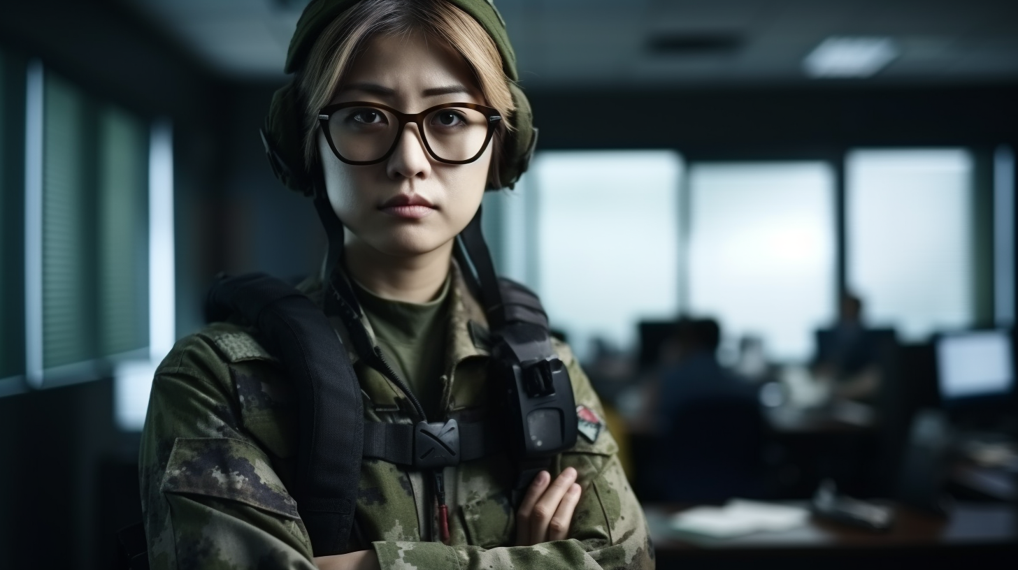 オフィスで迷彩服を着て立つ女性の写真