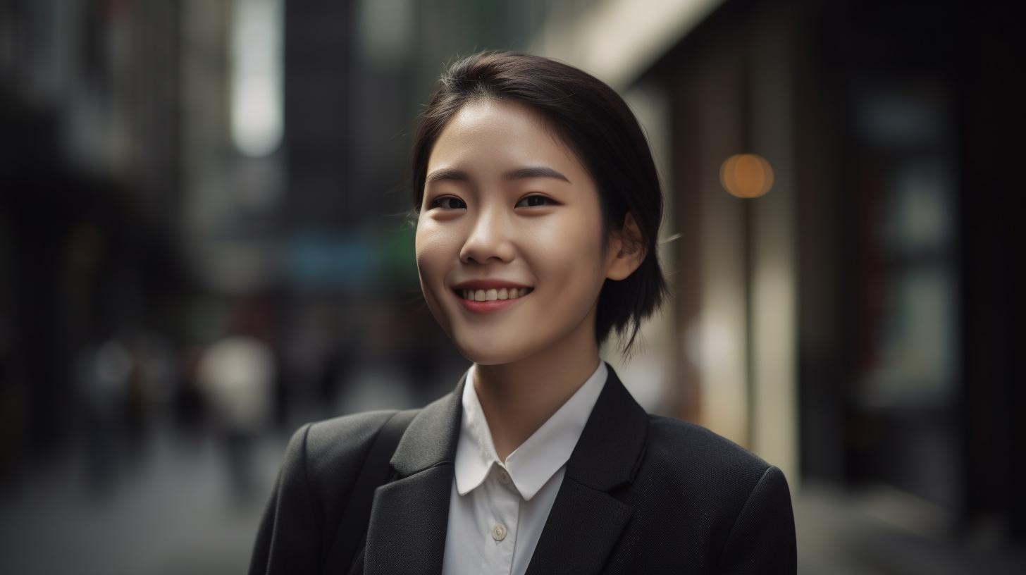 オフィス街で余裕の表情で微笑んで立つ女性の写真