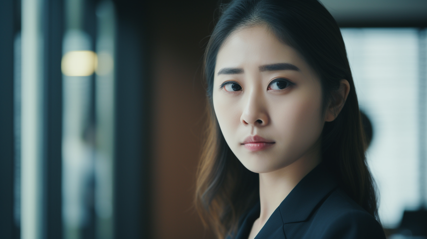 オフィスの中で困った表情を浮かべる女性の写真