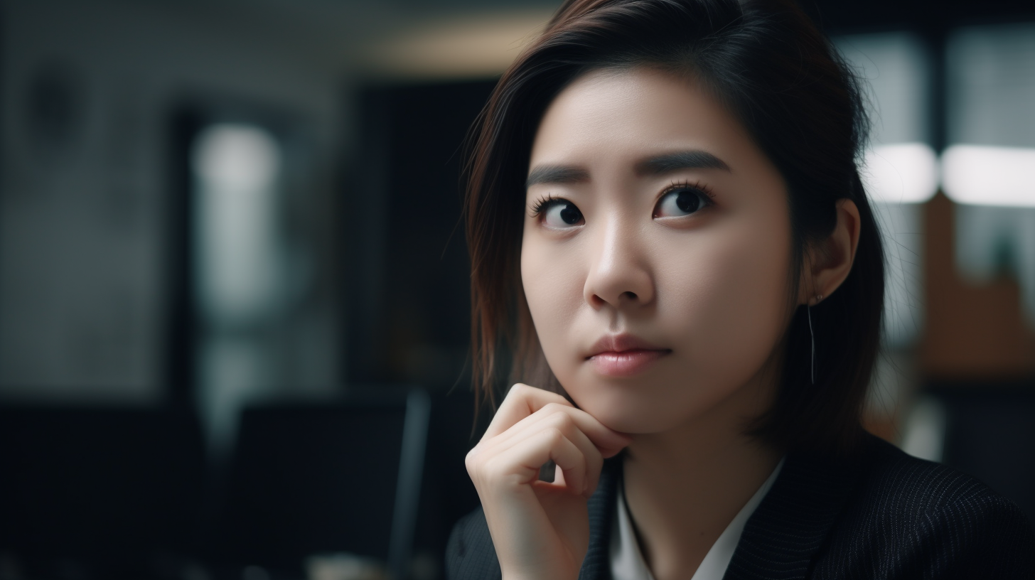 オフィスの中で疑問の表情を浮かべる女性の写真