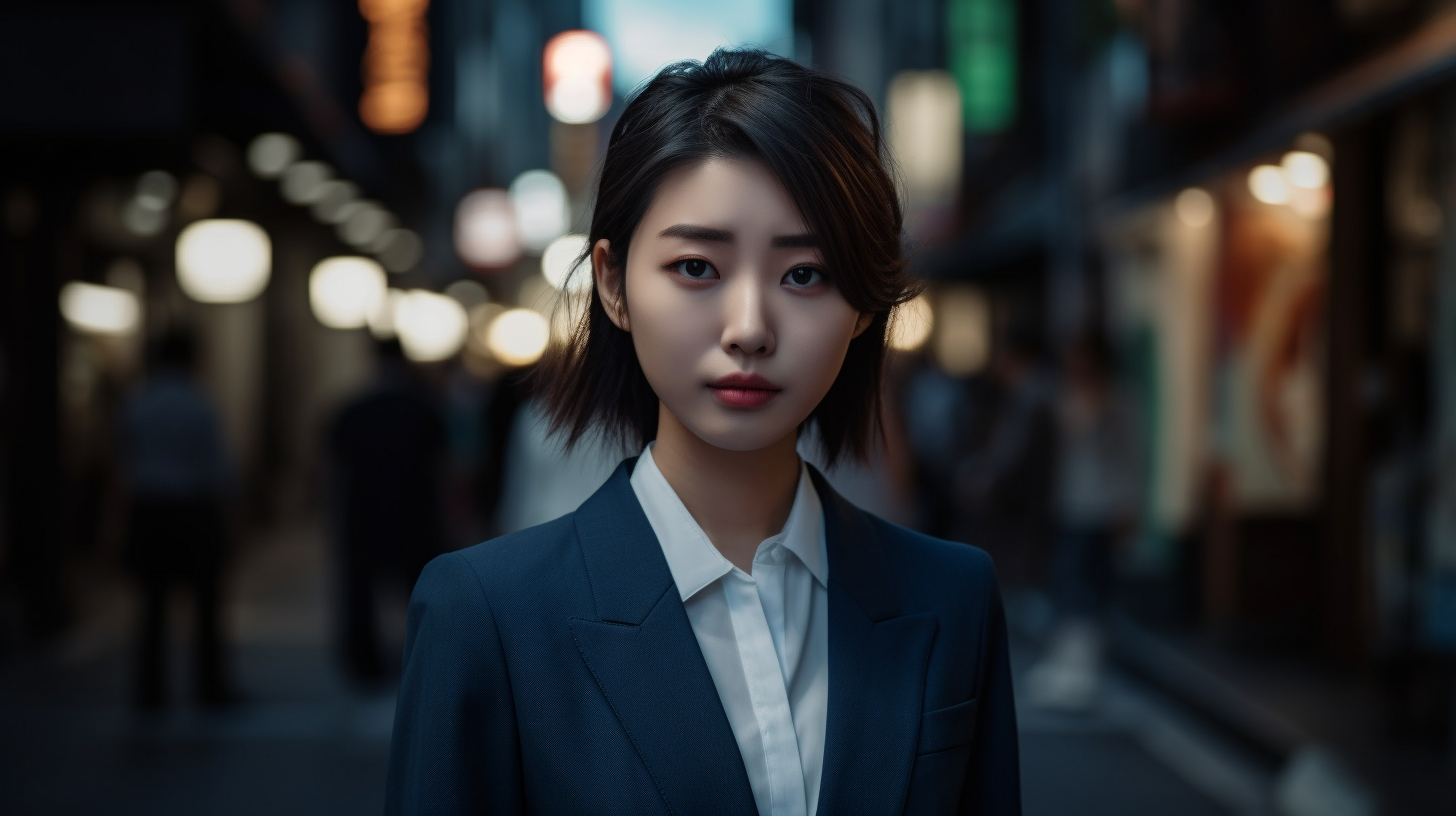 街中で困り果てたたずむスーツ姿の女性の画像