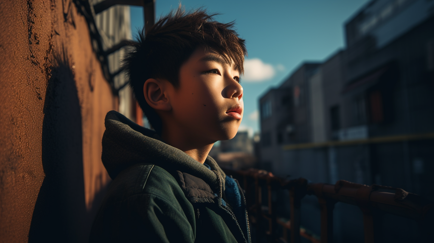 夕暮れの街中で途方に暮れる少年の画像