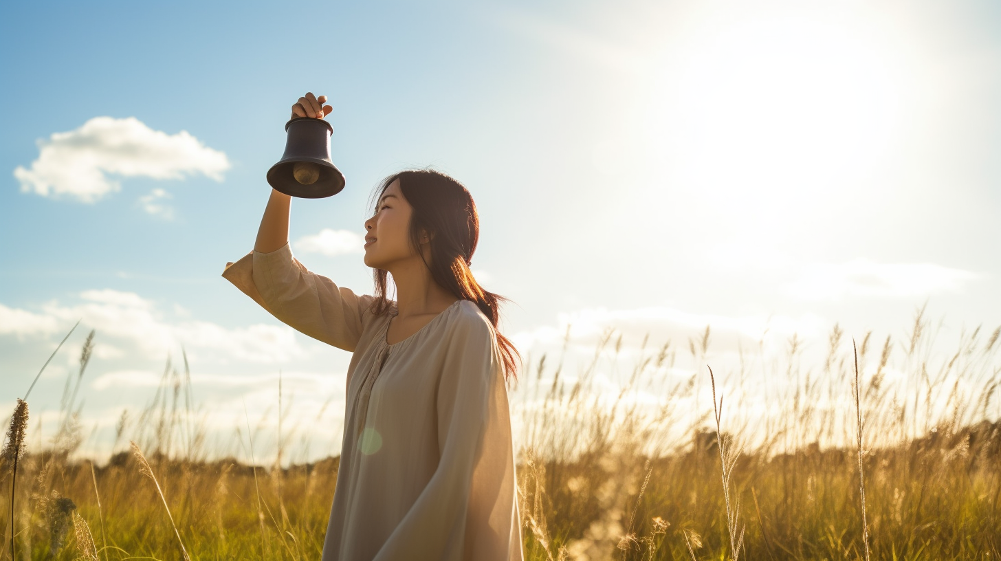 晴れやかな草原の真ん中で日差しを浴びて小さな鐘を鳴らす女性の画像