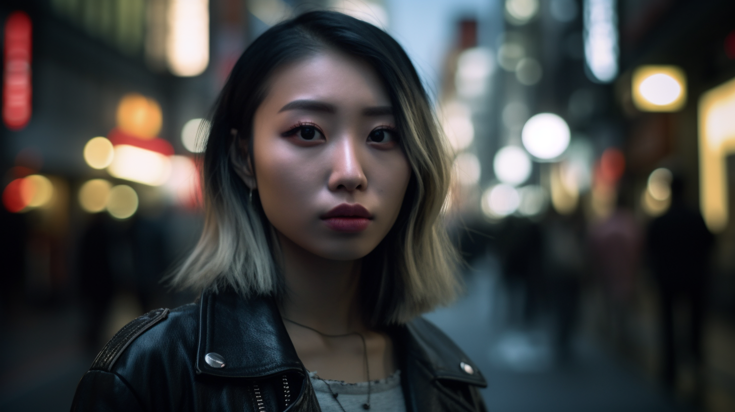 夜の街で悲しげな表情を浮かべ立ち尽くす女性の画像