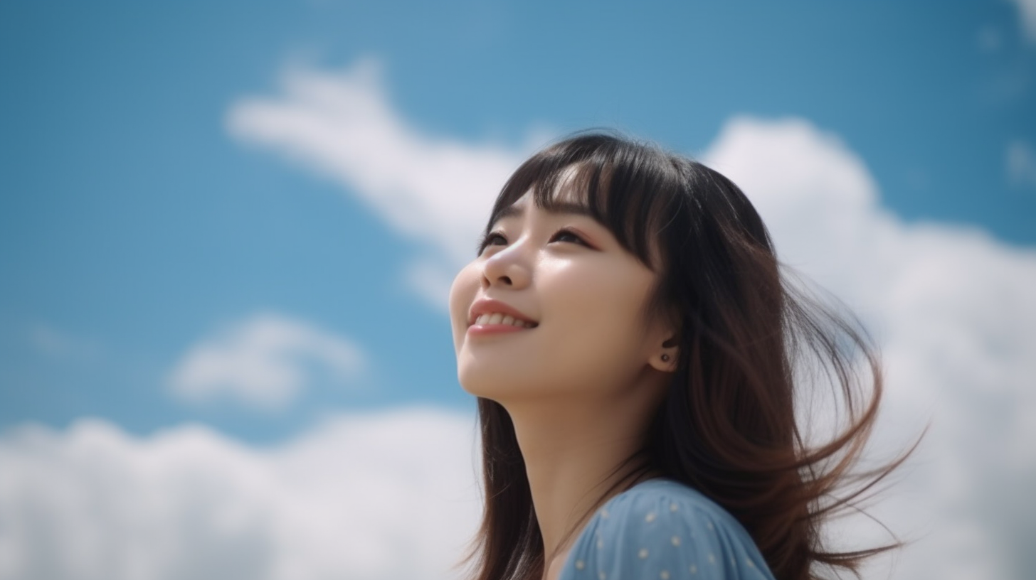 青空に向かって笑顔で風に吹かれる女性の画像