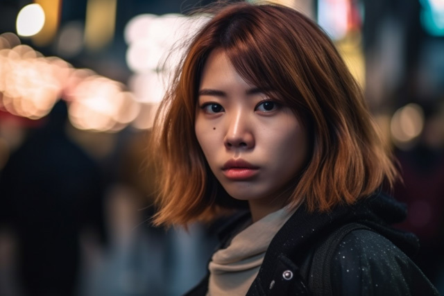 夜の街で立ち尽くす女性の画像