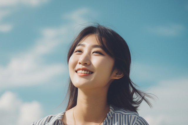 さわやかな笑顔で青空を見上げる女性の画像