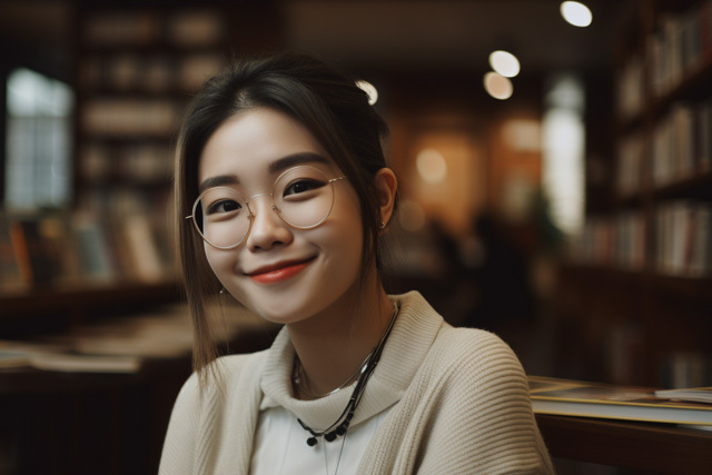 図書館で笑顔でくつろぐ女性の画像