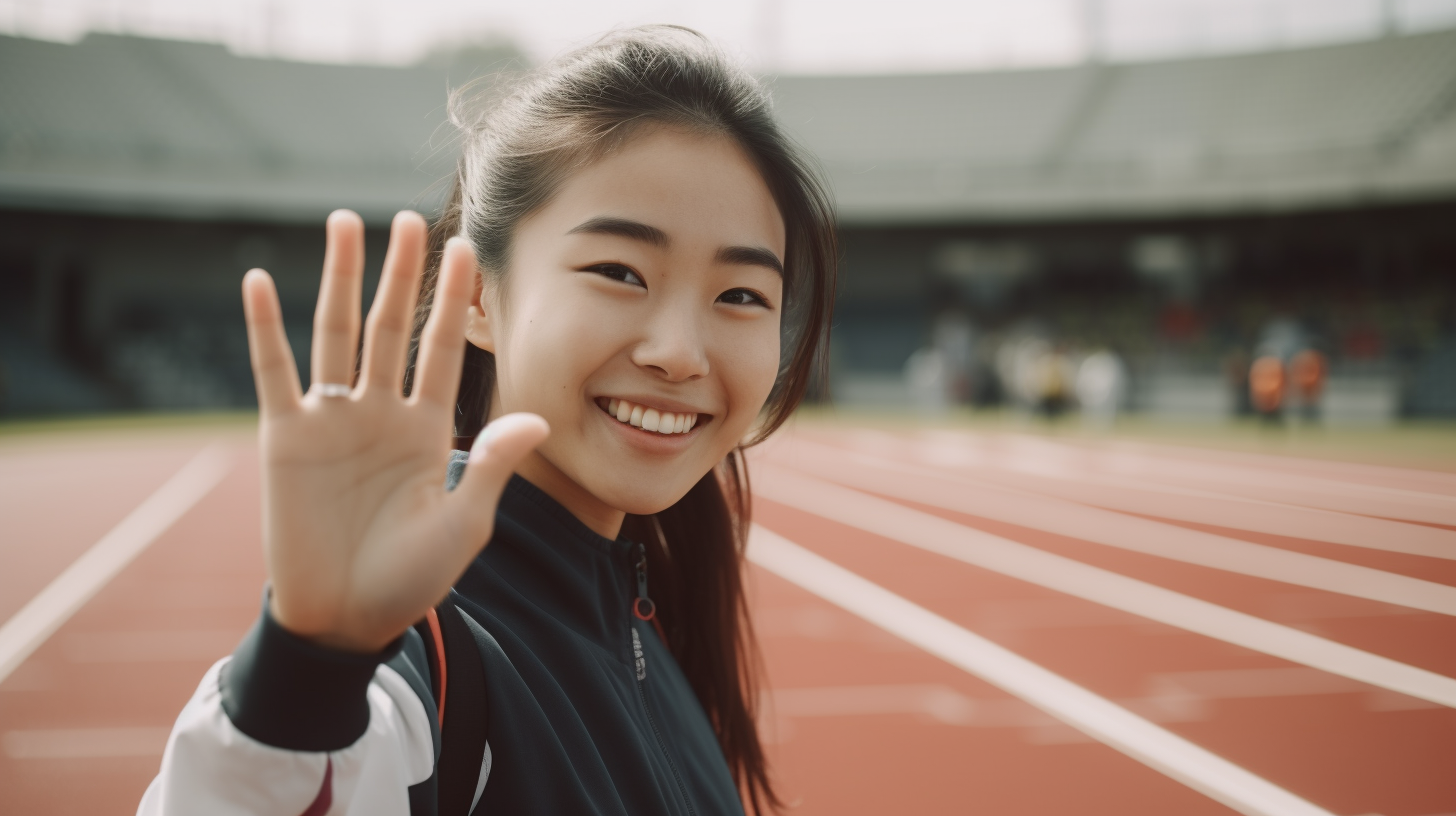 競技場で手をふる女性陸上選手の画像