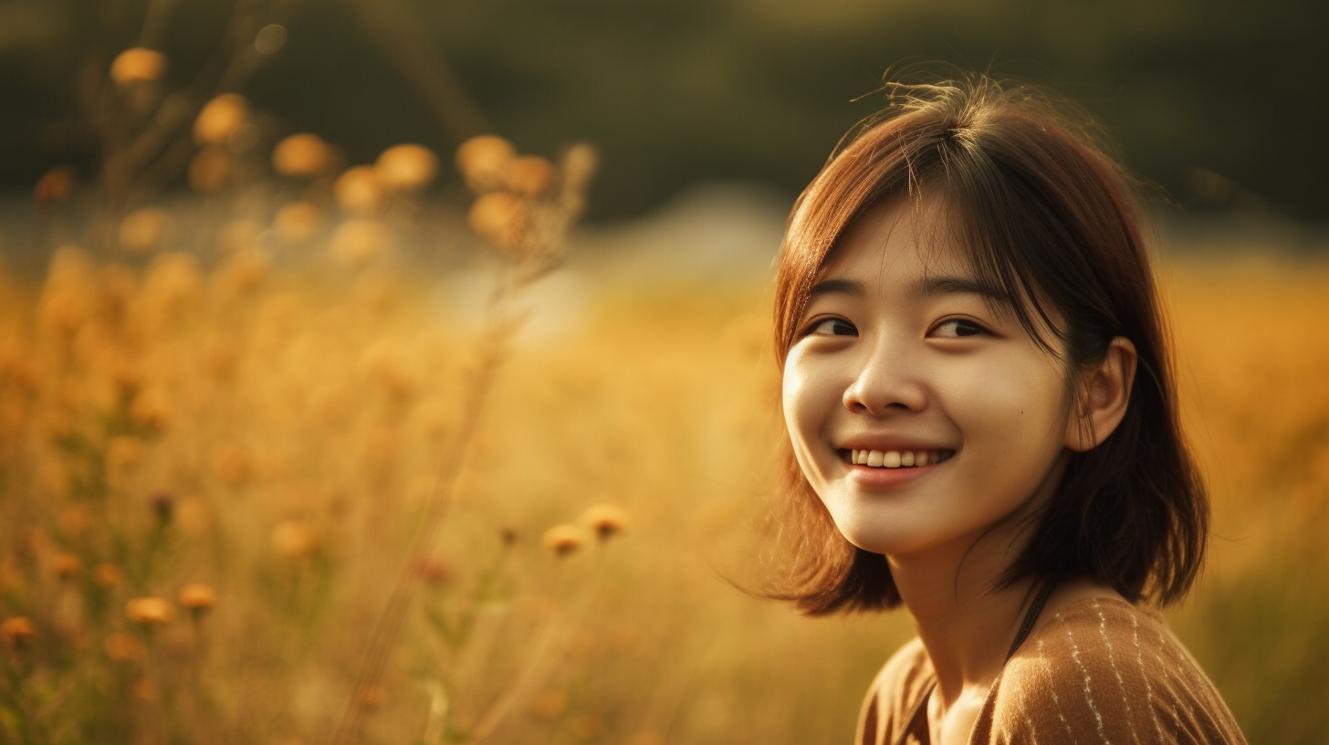 草原で午後の光を浴びてリラックスしている笑顔の女性の画像
