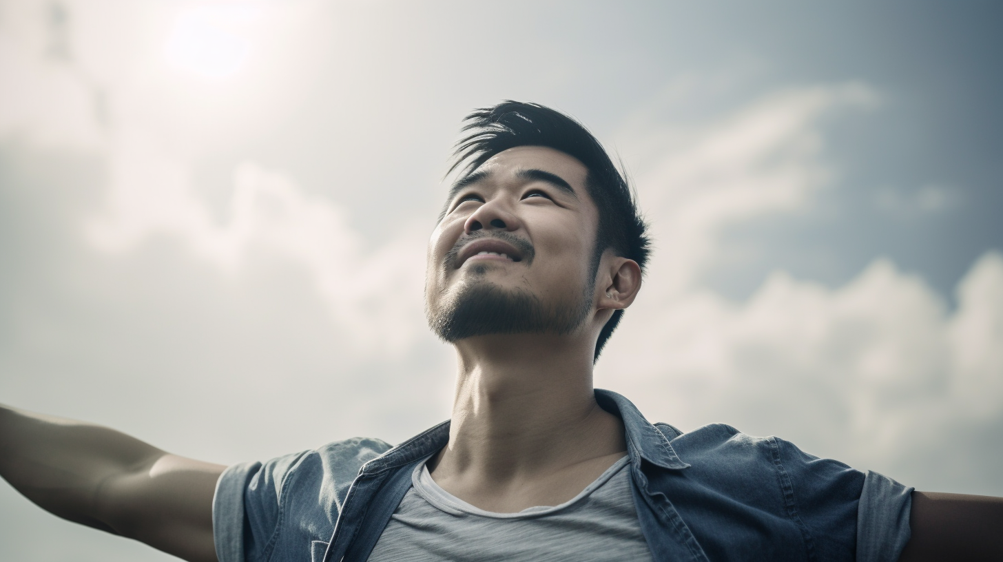 両手を広げ微笑みを浮かべて空を見上げる40代の男性