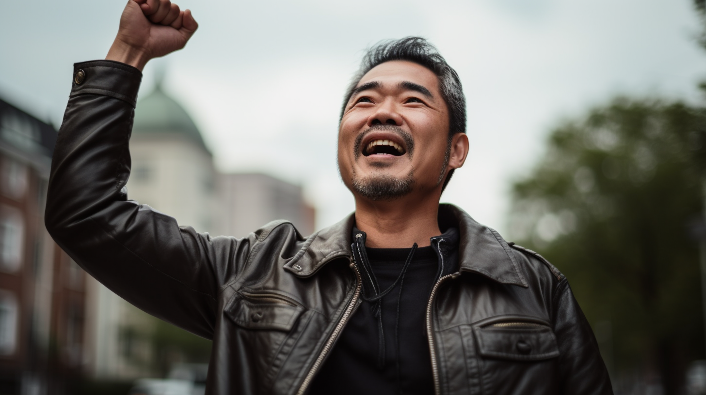 空を見上げ幸せそうな笑顔でガッツポーズする40代の男性