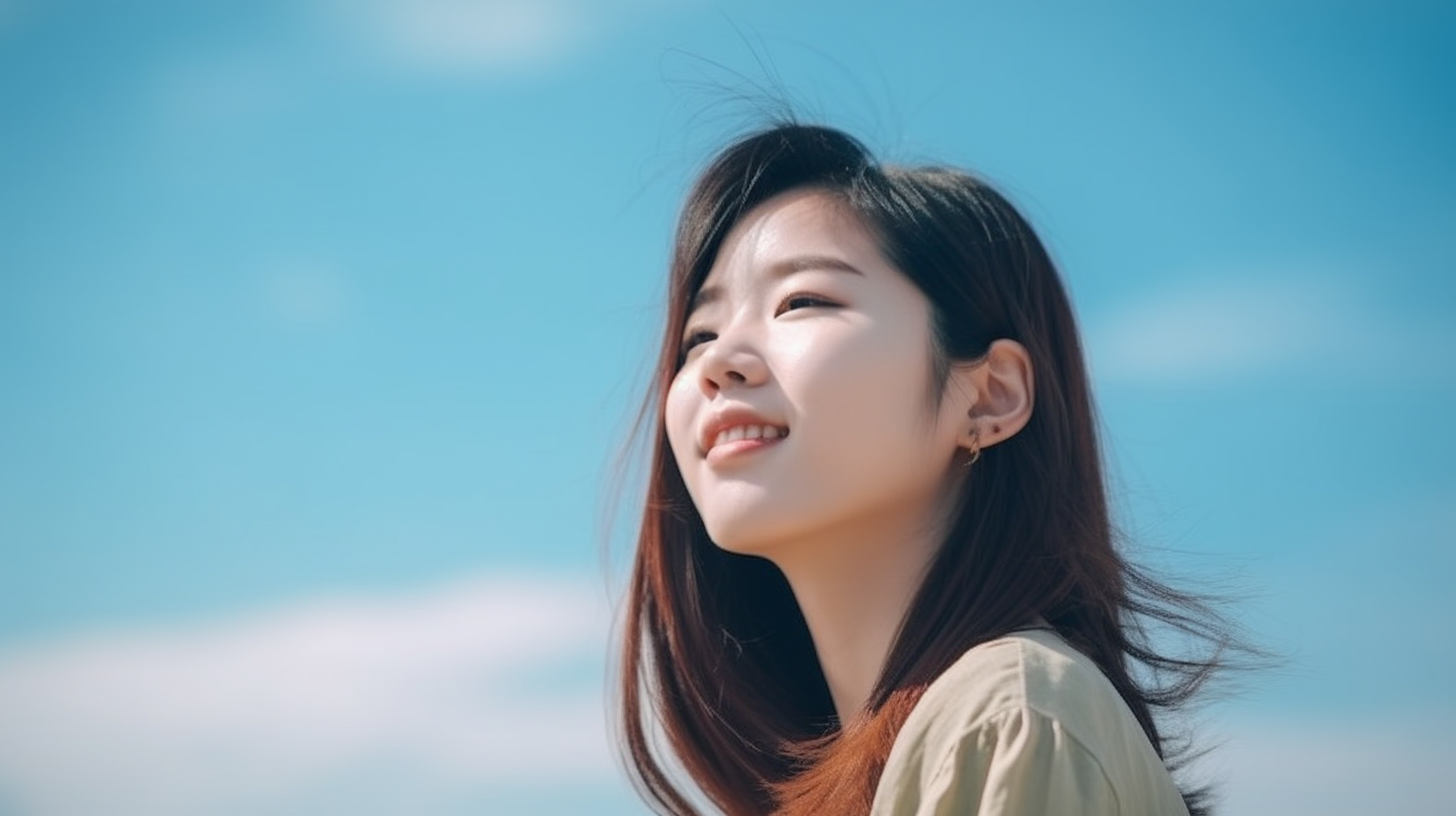 嫋やかな笑顔で青空を見上げる30代の女性