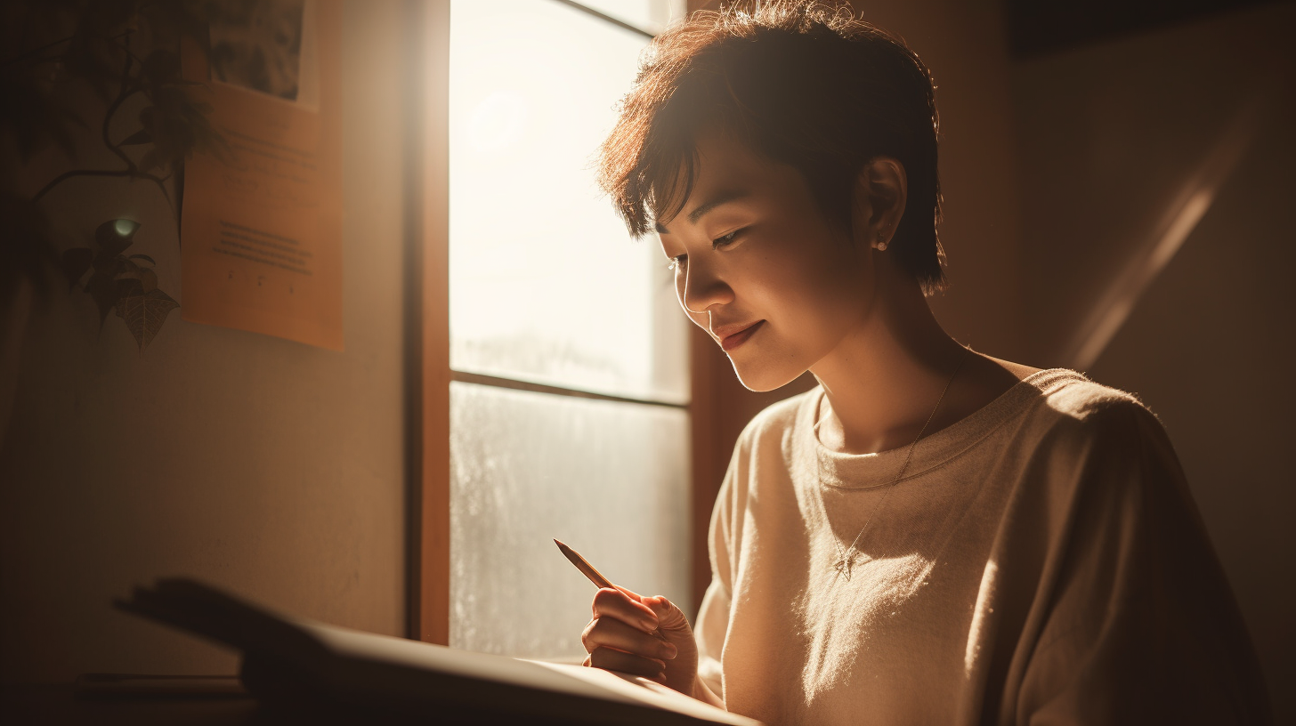 静かな笑顔を浮かべてノートに字を書く40代の女性