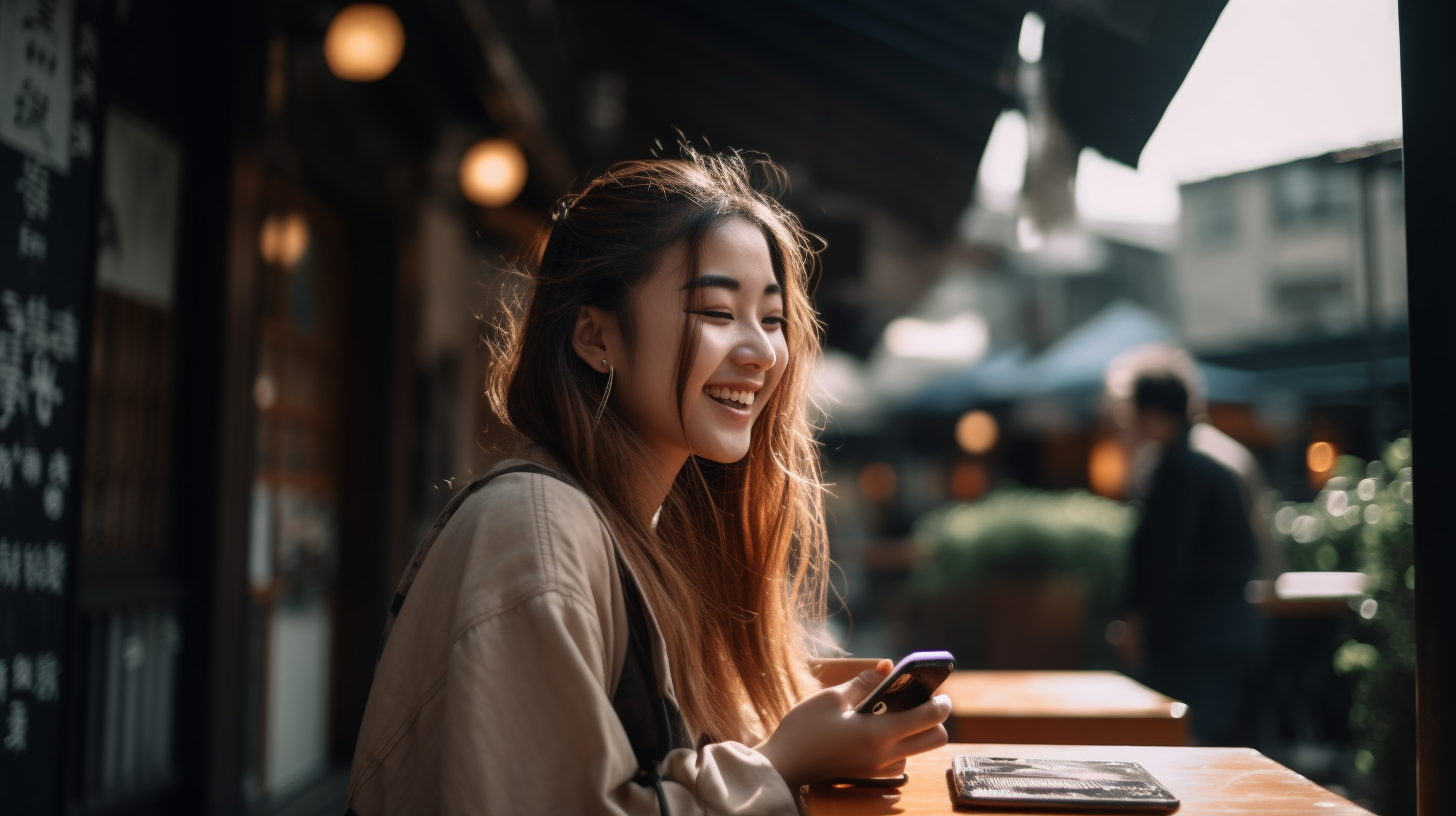 カフェテラスでスマホを見ながら楽しそうに笑っている30代の女性