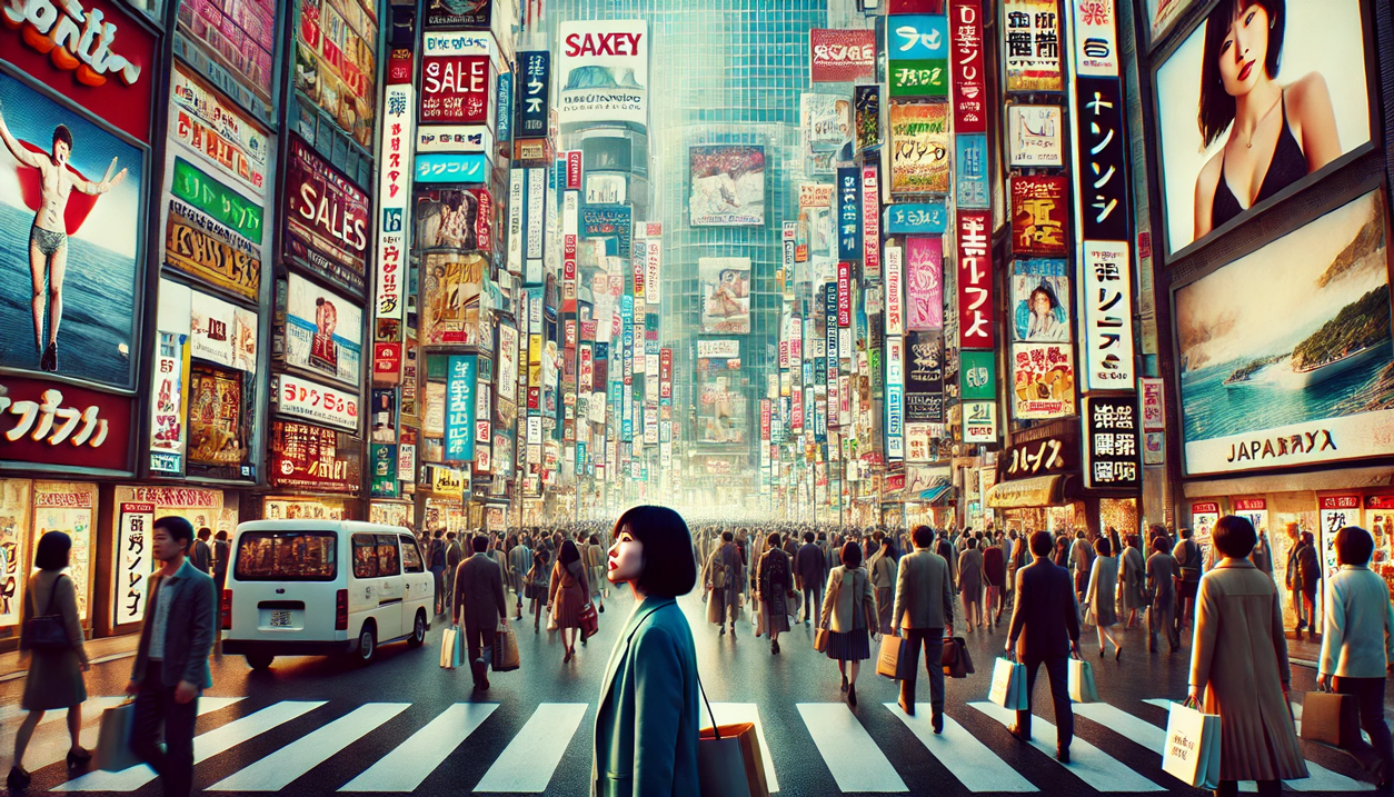 広告や看板に囲まれた女性