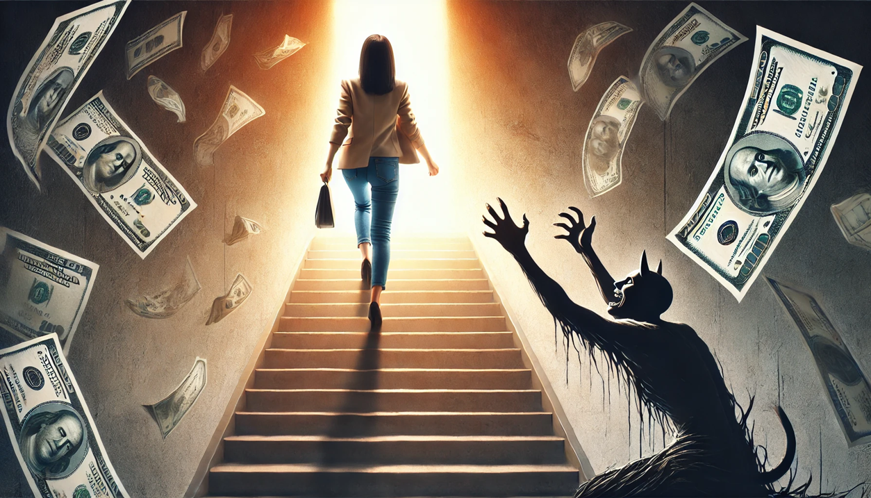 軽やかに階段を昇りお金の魔物から逃れる女性