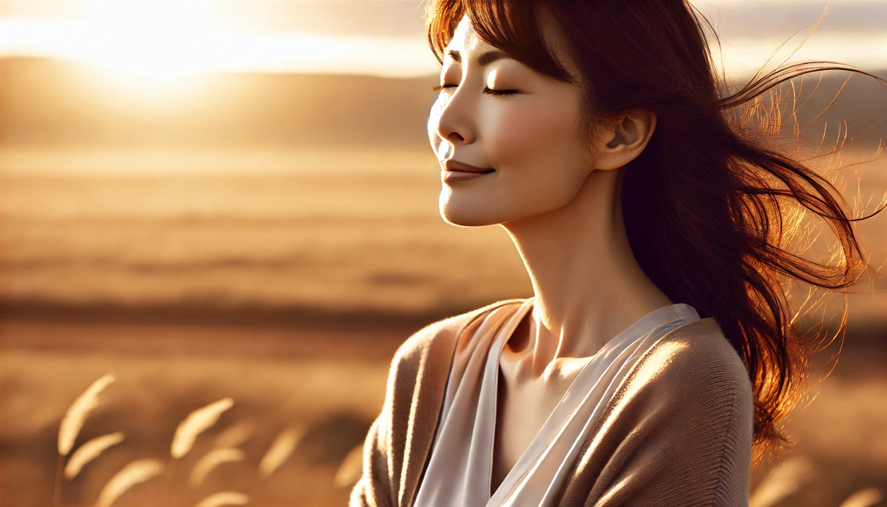 草原で、心からの充実感を静かに噛みしめている女性