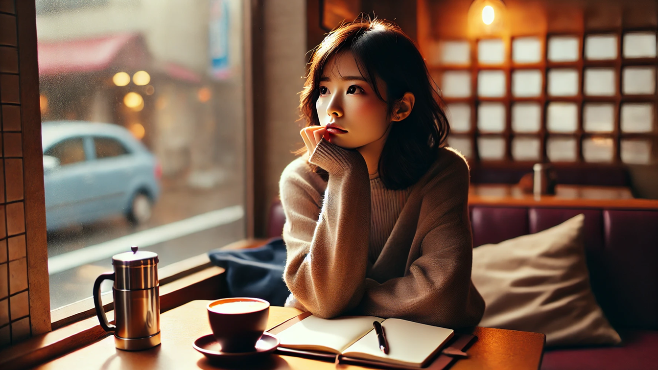 窓辺でノートを広げうつろな表情の女性