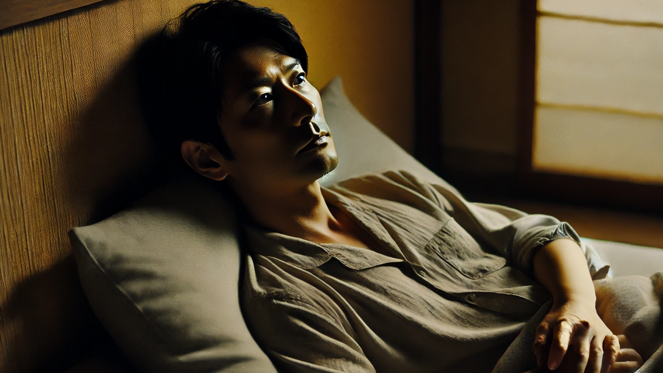 ベッドに横たわり天井を見つめる男性