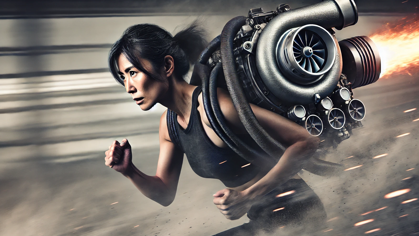 背中にターボチャージャーを背負って疾走する女性