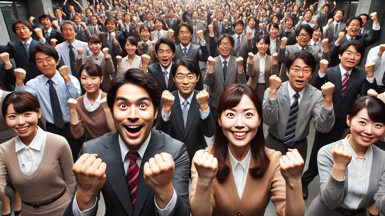 目を見開いて笑顔でガッツポーズをとる膨大な数の人々