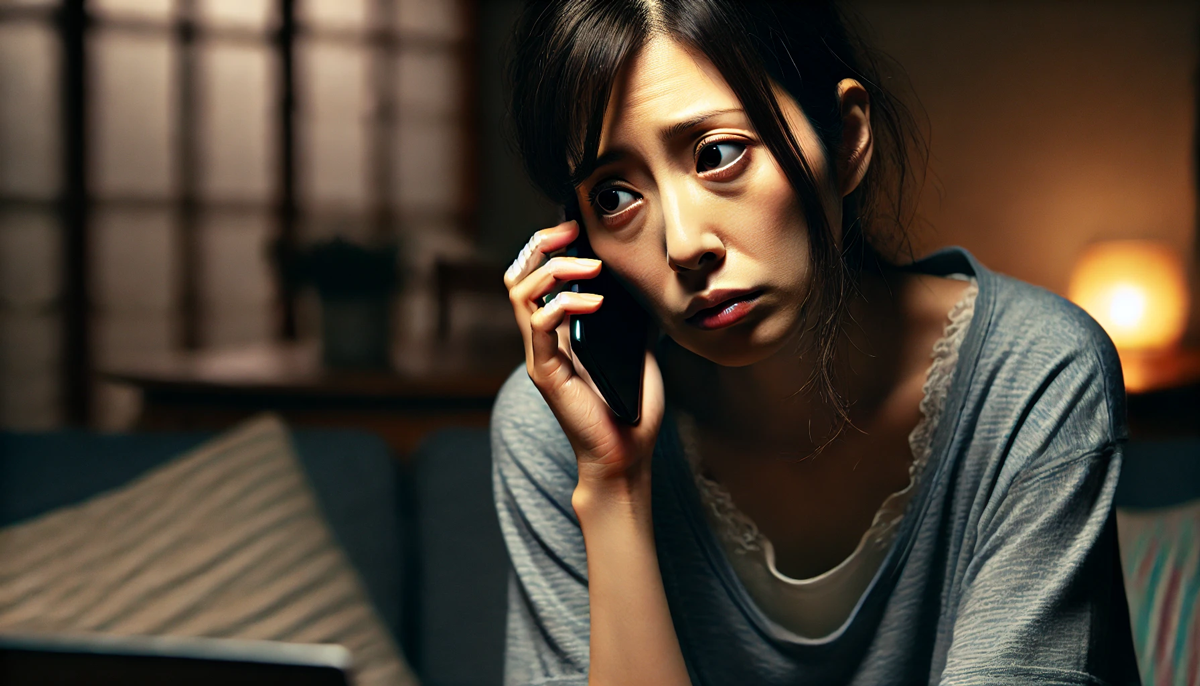 疲れ切った顔で電話をする女性