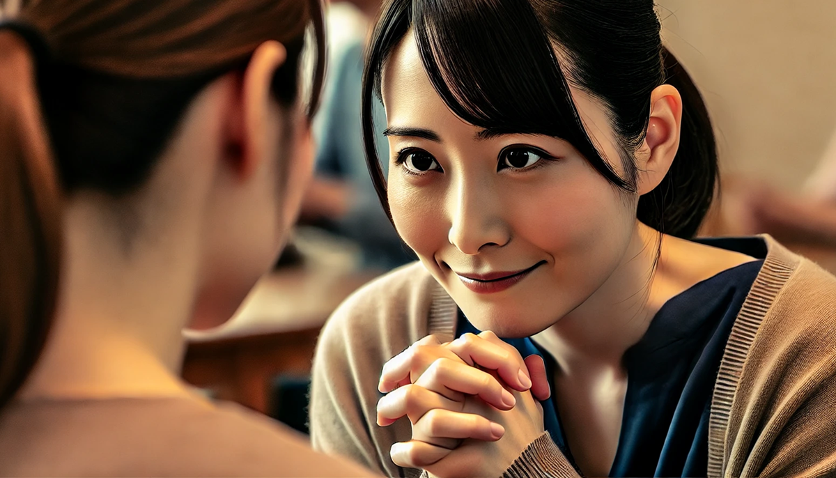 ずる賢い表情で頼みごとをする女性