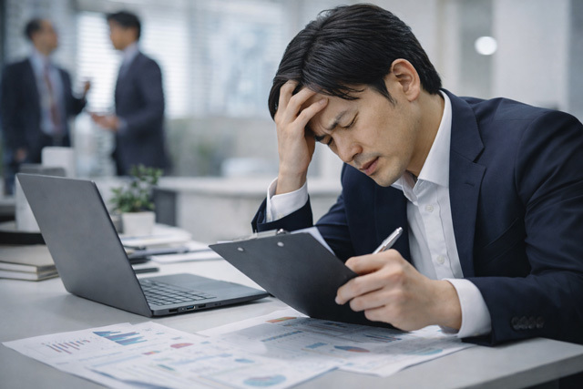 オフィスで頭を抱える男性