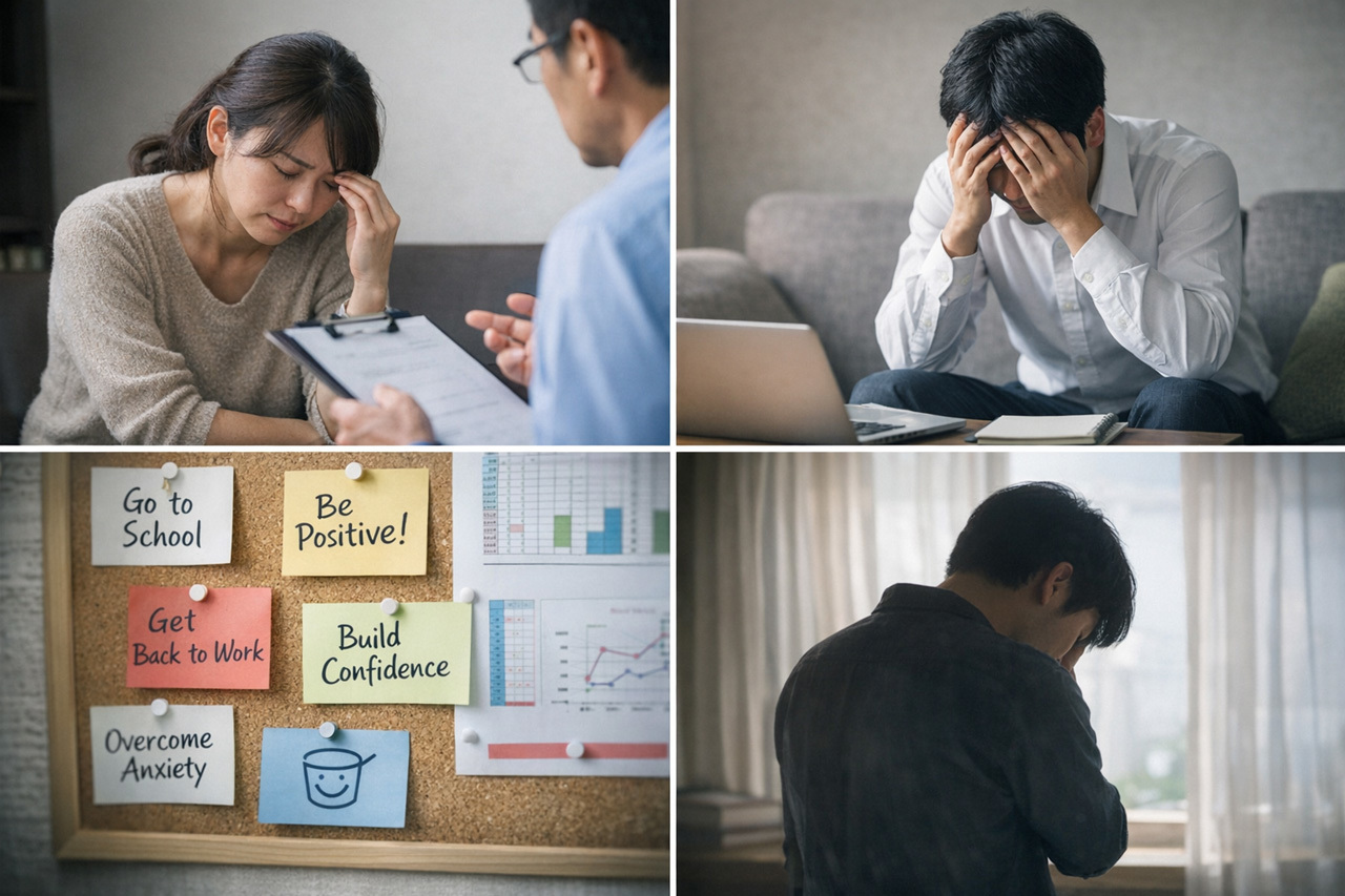 額に手を当て考え込む女性と話しかける男性