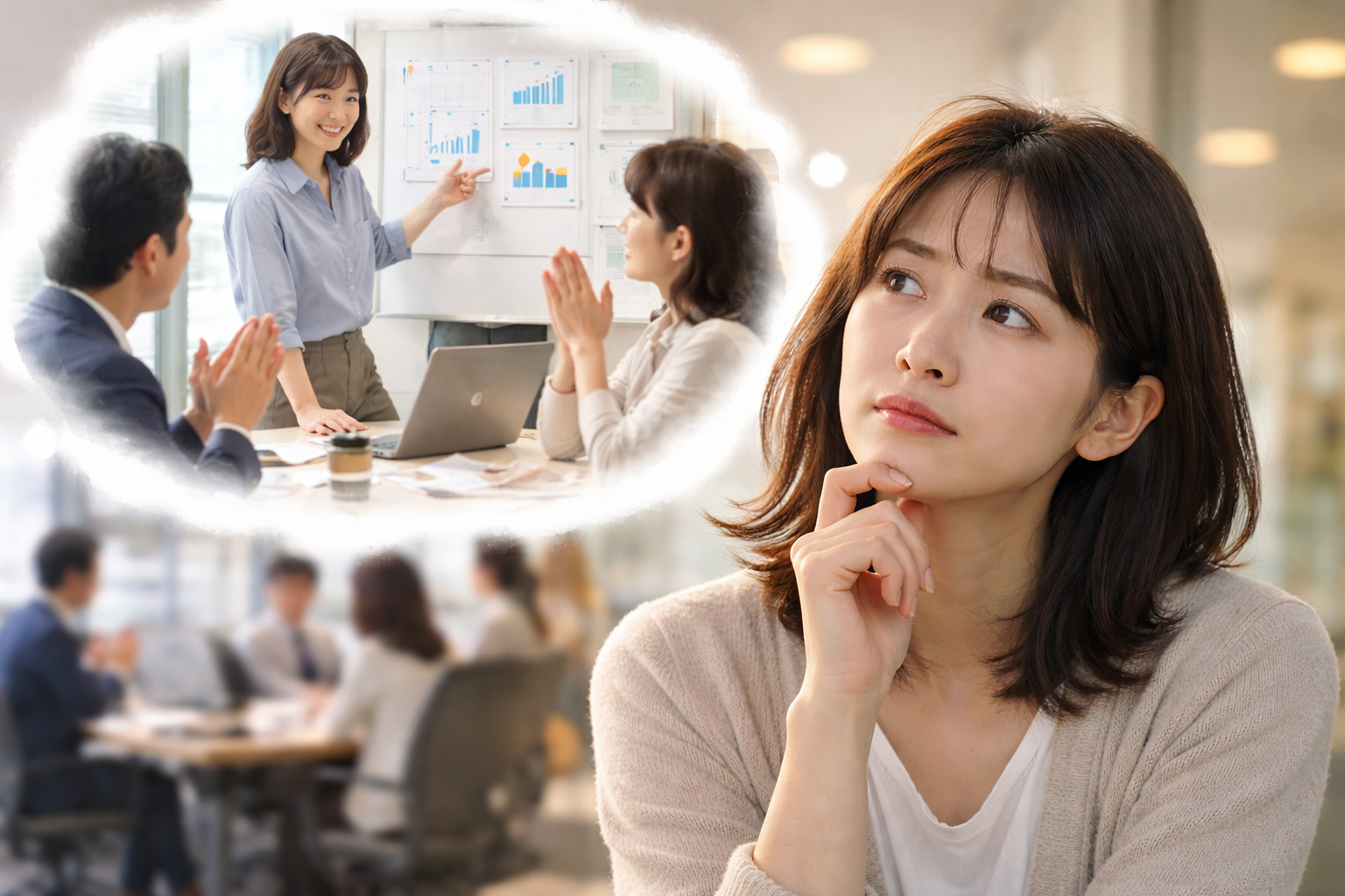 疑わし気な表情で自分が活躍する想像をする女性