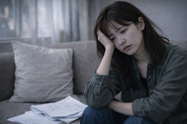 部屋で落ち込む女性