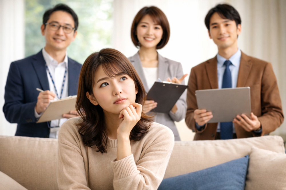 三人のカウンセラーと女性の画像